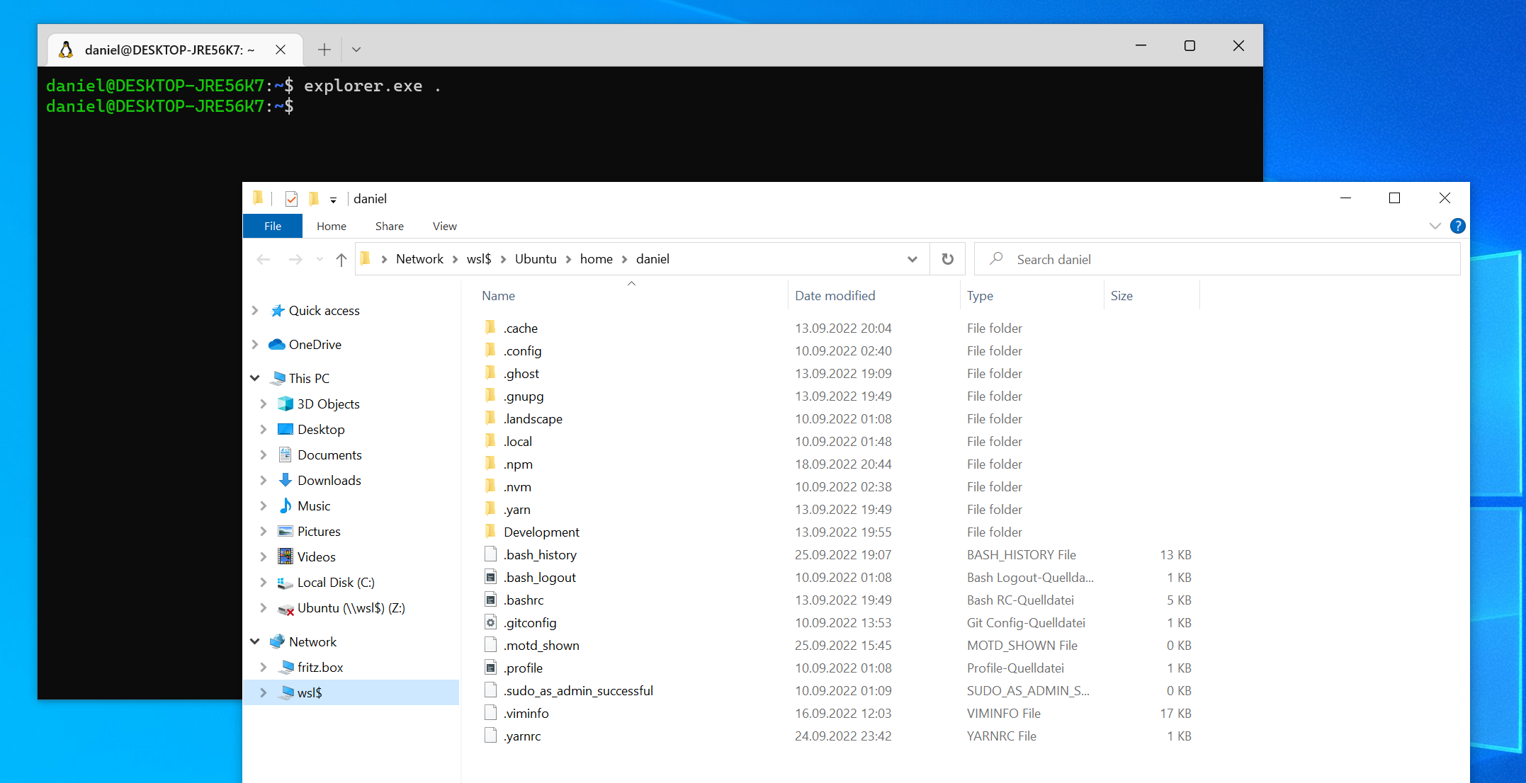 Starting the Windows Explorer to show your Linux home directory
