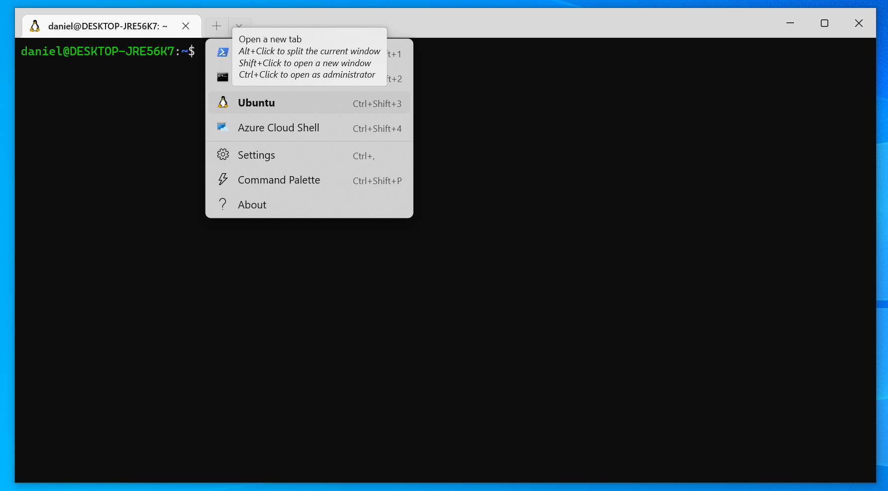 Öffnen eines neuen Tabs im Windows Terminal durch Klicken auf den "Pfeil runter"